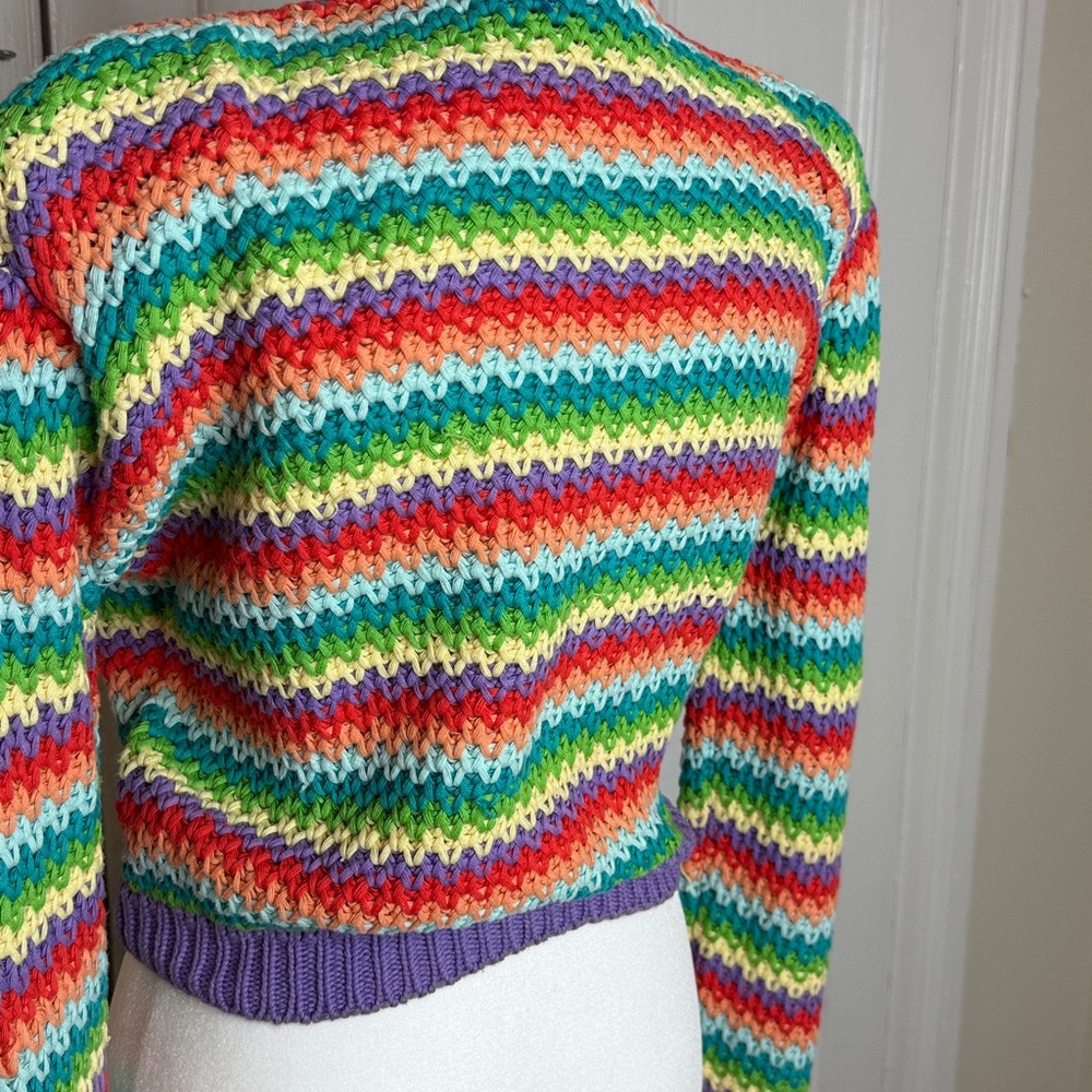 Vintage 80s Sweater Cute Rainbow Stripe 100 per cotton cardigan.  FAB! Large - Picture 6 of 9
